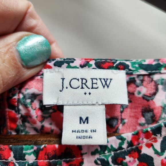 J Crew Womens Poplin Ruffle Top Size M Long Sleeve Red Multicolor Poppies Button - Picture 3 of 11